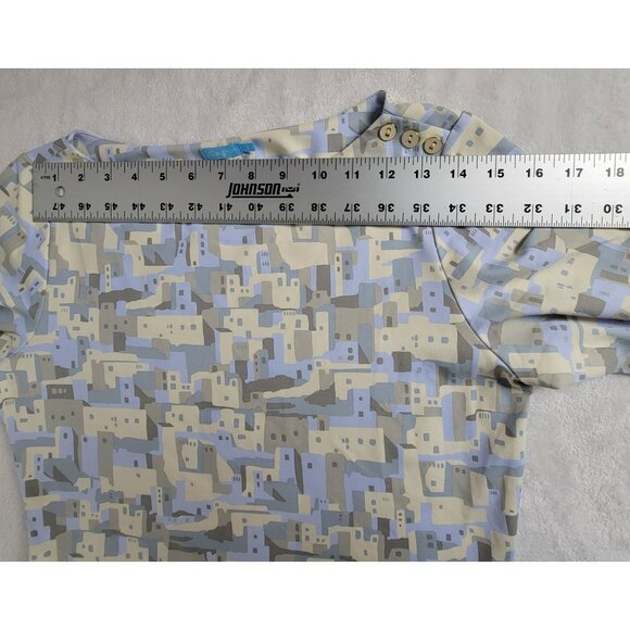 J.McLaughlin Beige & Blue Abstract Print 3/4 Sleeve Boat Neck Top Small Stretch - Picture 6 of 8